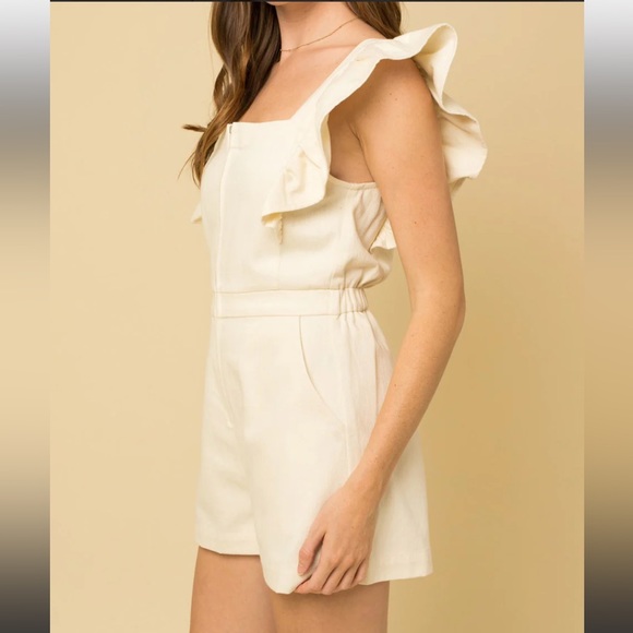 Ivory Denim Ruffle Sleeve Romper - Picture 2 of 5